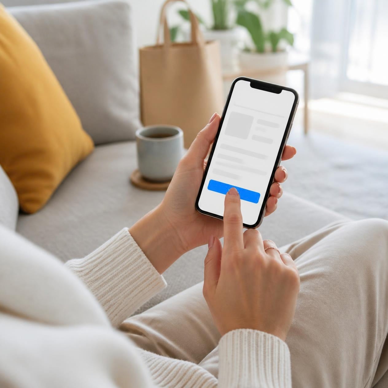 Kundin bezahlt im Onlineshop mit dem Smartphone