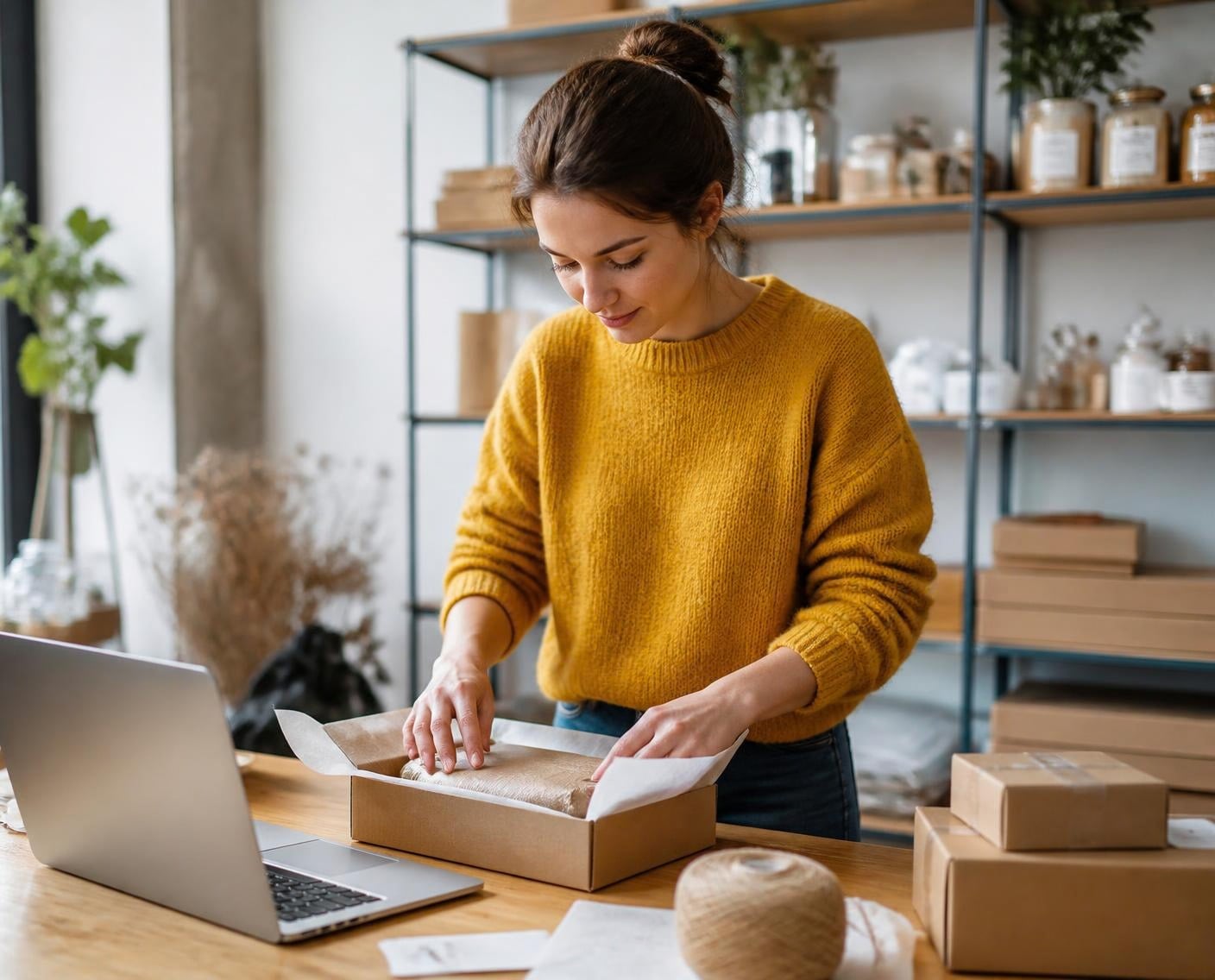 Shop-Inhaberin verpackt eine Onlinebestellung neben dem Laptop
