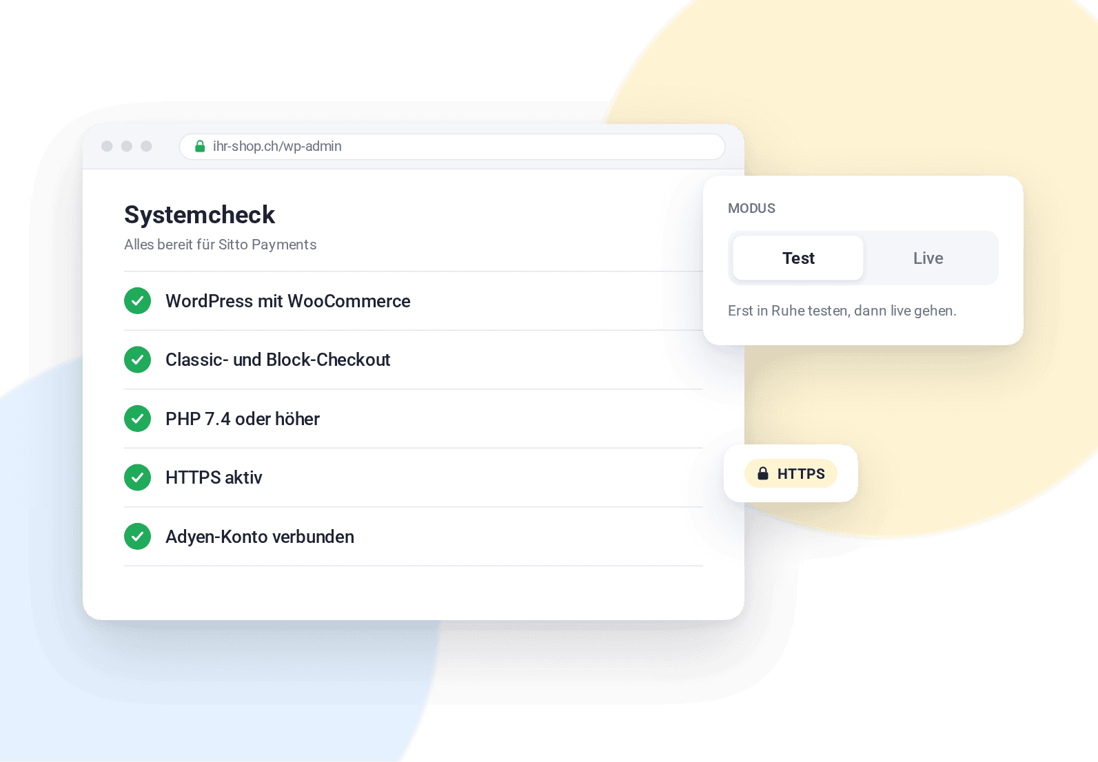 Systemcheck und Test- oder Live-Modus für Sitto Payments